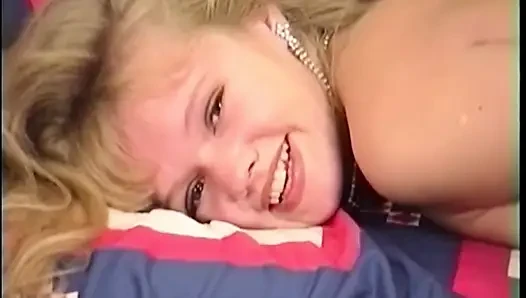 Blonde Babe Touches Herself on Retro Couch