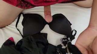 Thick cum load on big bra using panty and bra wearing dress