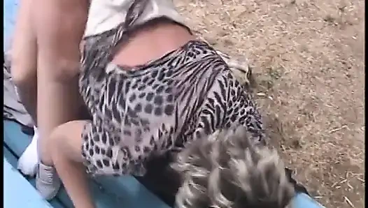 Eager short hair slut gets drilled on a bench outdoors