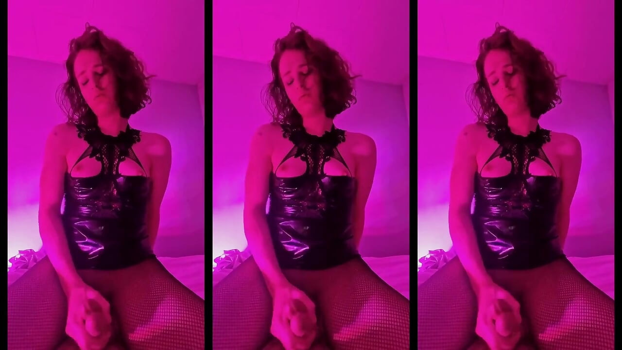 Gorgeous Goth T-girl Fucked Hard in Pink-light with Cumswallowing