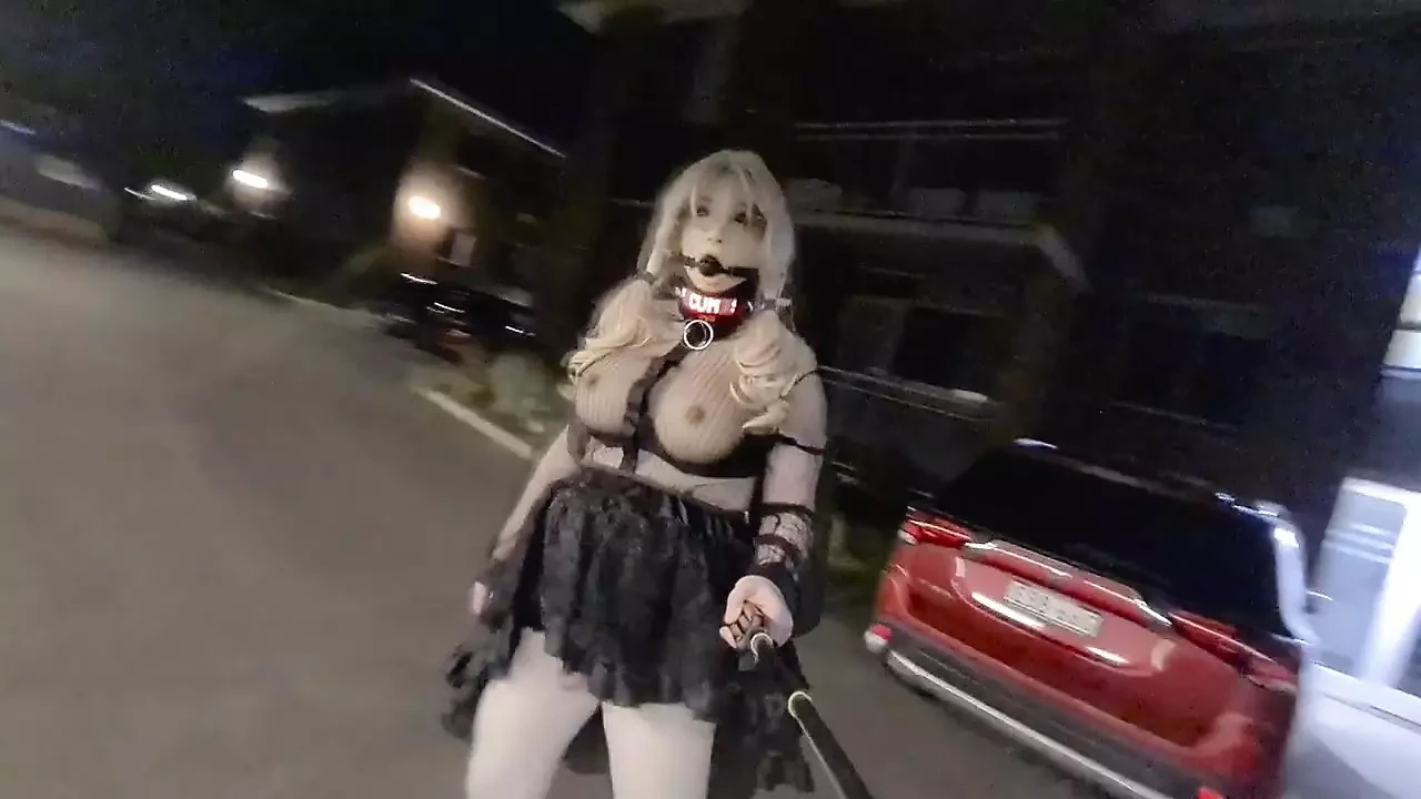 Slut in transparent clothing ball gag and LED dog collar caught in public