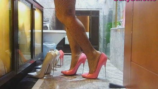 My Pink High-Heeled Stiletto Shoes and Fishnet Stockings