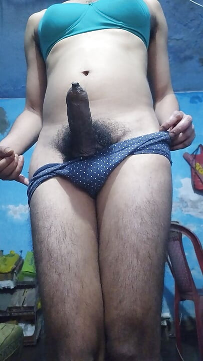 Indian Sissy Femboy Crossdresser with Phimosis Dick Jerking and Stroking While Wearing His Step Sister's Bra and Panties