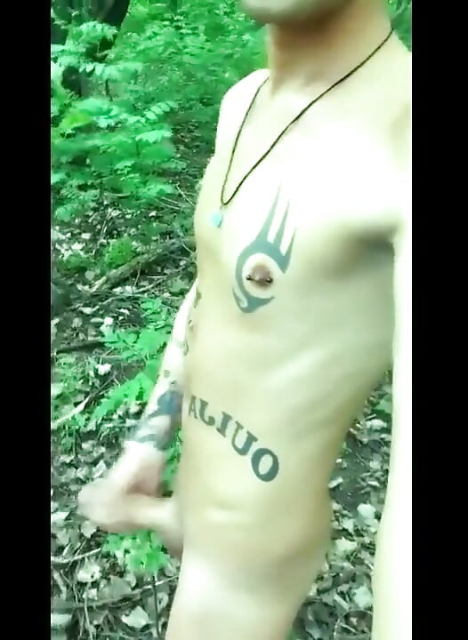 Twink Is Walking Naked in the Forest and Jerking