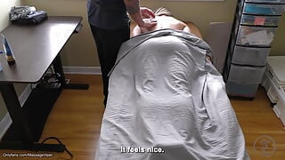 Fit Blonde Massage Client Showing Off to Masseur