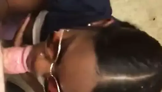 Public blowjob and cumming on her black tits