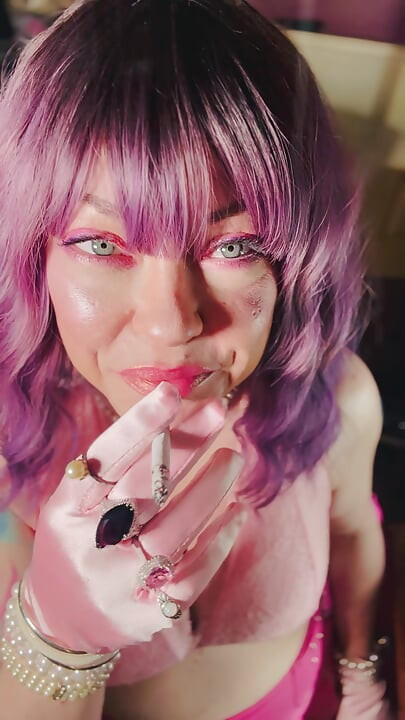 A Cute Tina Snua Tip To Tails 2 Cigarettes With Lots Of Smoke Rings In Satin Gloves & Jewellery