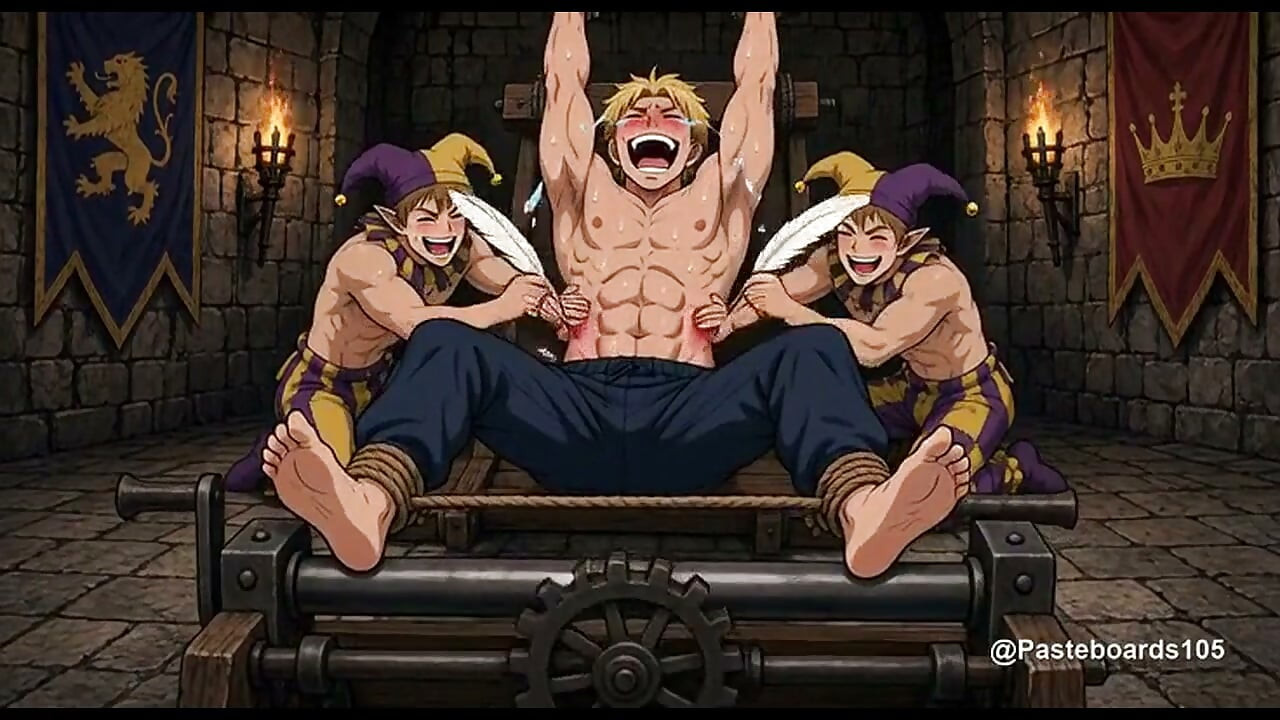 Napnutý na hradním mučidle, dvorní šašci lechtá jeho holá žebra a břicho (2D anime)