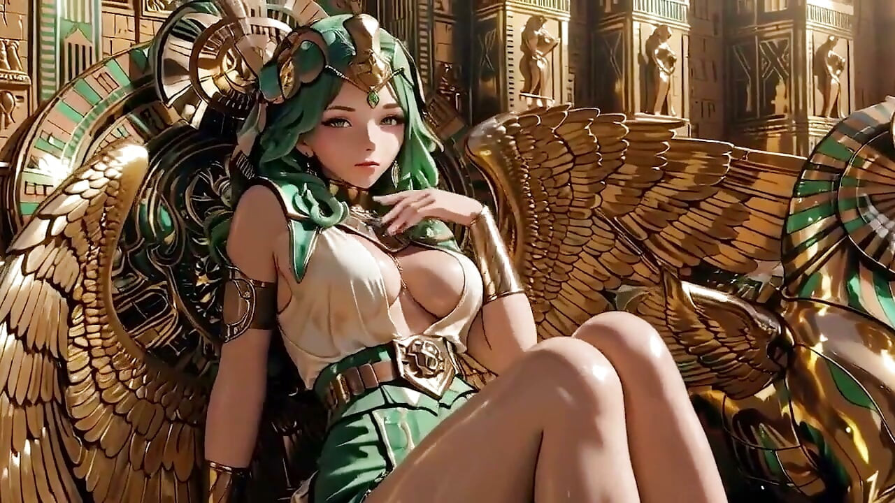 Green-haired Egyptian Queen! Kneeling in the Golden Hall, Guarded by Sphinxes.