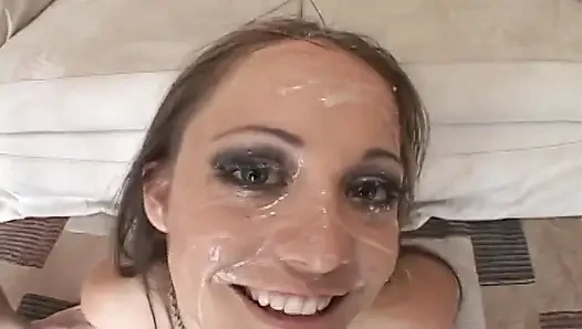 Sexy Kylie gets massive face cumshot after sucking hard cocks