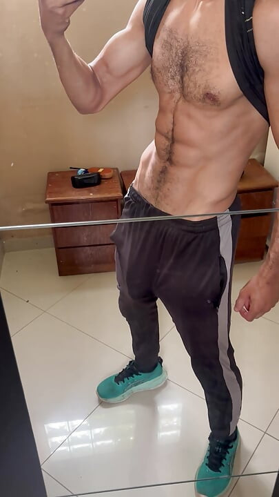 Very horny after training, sweaty, without underwear, with my 23cm dick showing