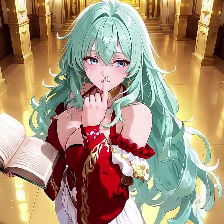 Golden Hall Fantasy! Green-haired Knight in Red-white Armor Kneeling, Teasing with Floating Magic Books - Divine Meets Carnal!
