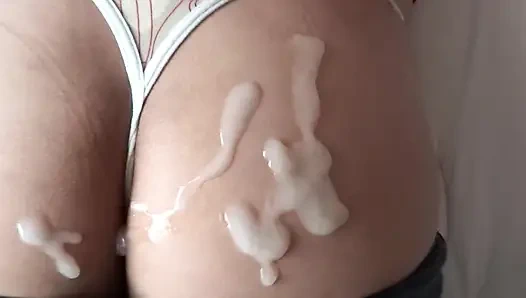 My horny stepson can't resist looking at my big ass and cums on it.