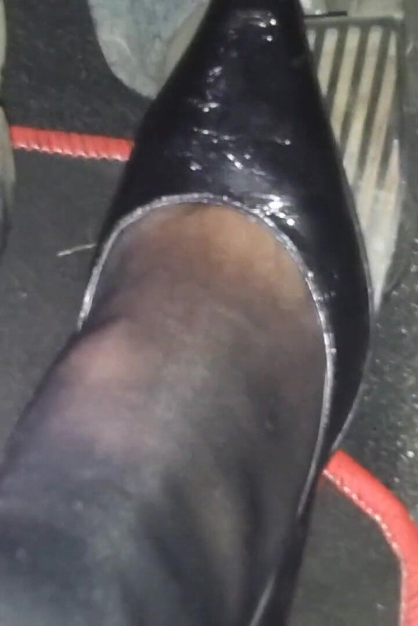 Sexy Speedy Driving in Patent Black Pumps and Seamed Black Pantyhose