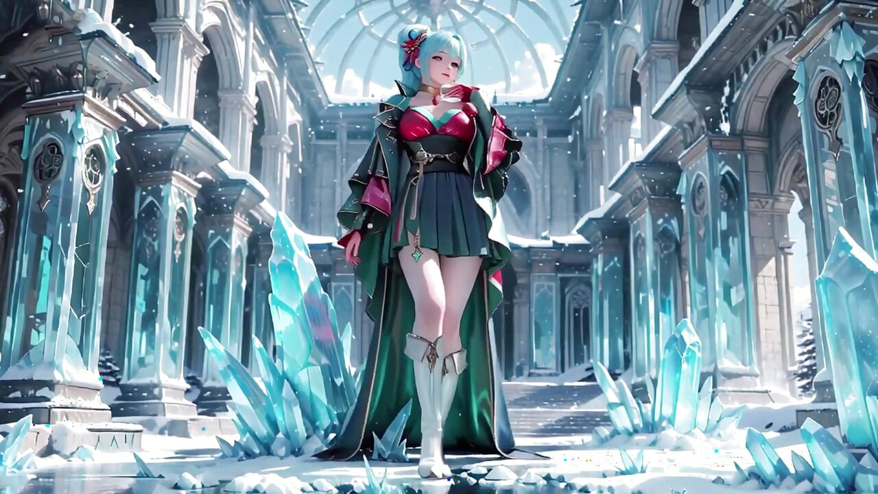 Ice Throne! Silver-haired Mage in Red-green Gown Kneeling, Blue-haired Partner Teasing in Realm!