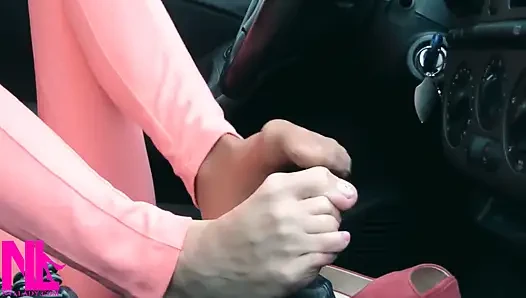 Revving and Handjob to Gear Stick in Nude Nylons and Pink Peeptoed High Heels