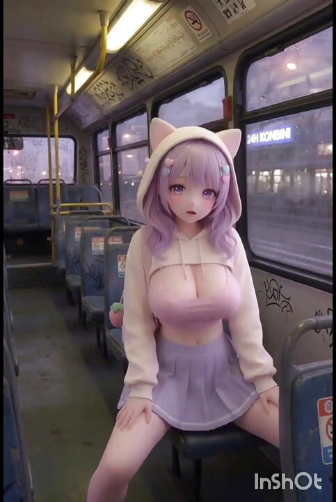 Shy kawaii hentai girl, alone on public bus