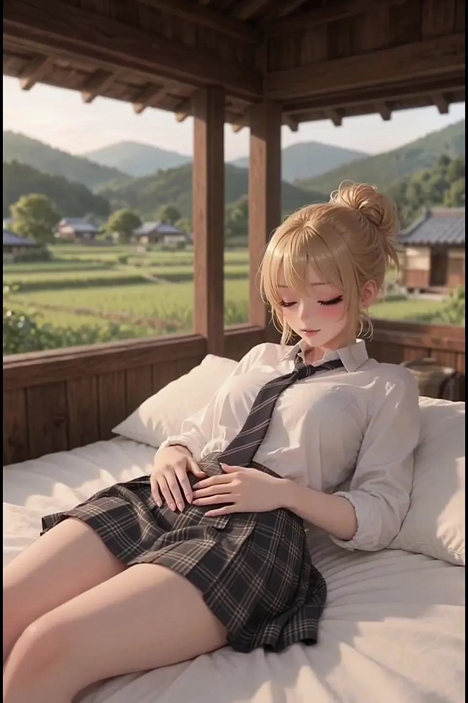 Blonde anime masturbates on terrace
