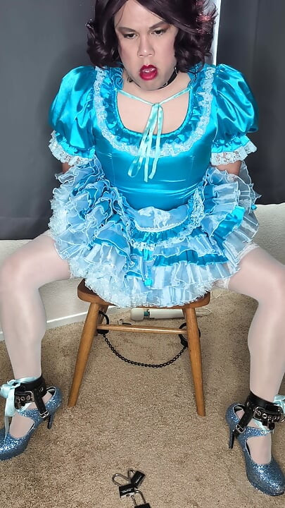 Satin Sissy Maid Riding Her Sex Doll in Chastity and Cuffs