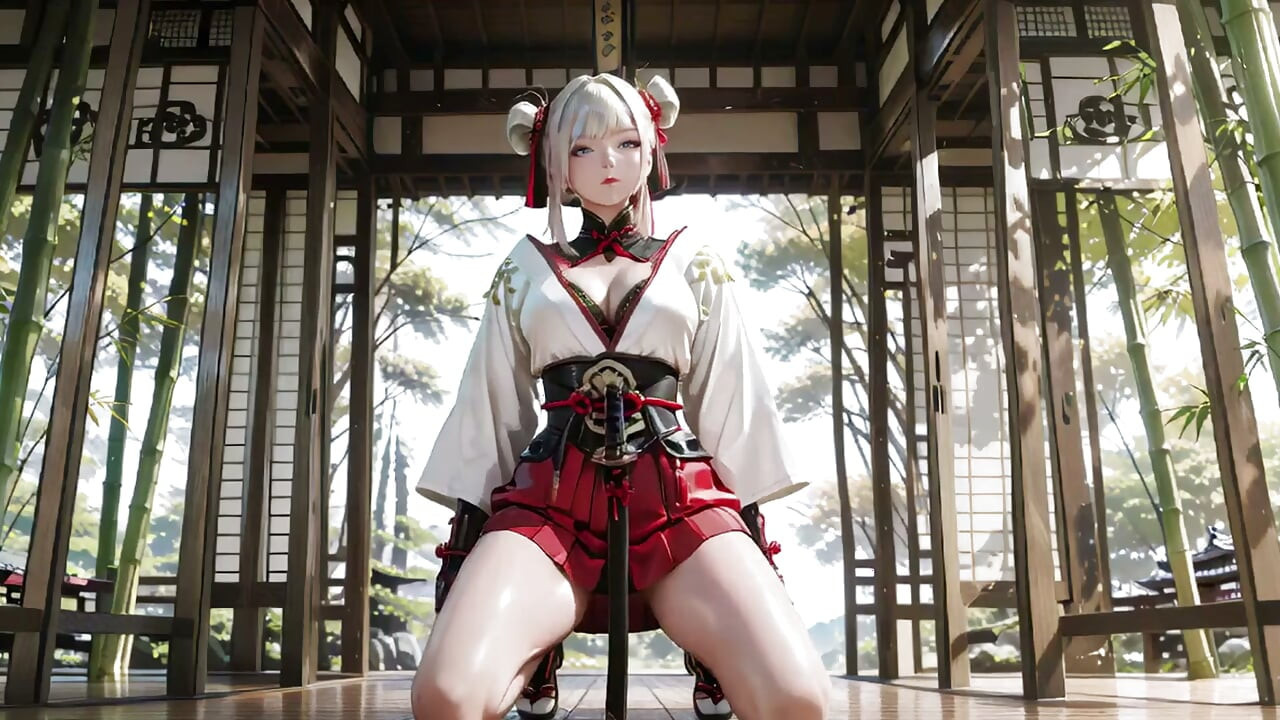 Red & White Kimono Warrior! Kneeling on Tatami with Dual Blades, Silver-Haired Girl's Mesmerizing Gaze.