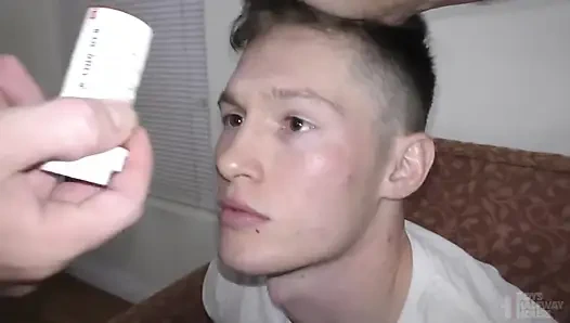 Muscular teen has tight hole painfully stretched by two older doms