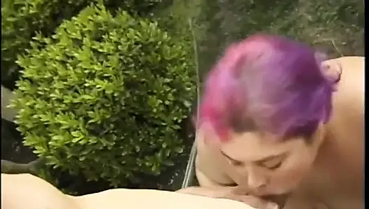 Huge beauty with purple hair SinDee Williams gives incredible cumloaded BJ to big hard male meat
