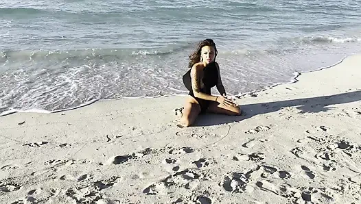 Sexy Monika Fox in Black Bodysuit on Beach