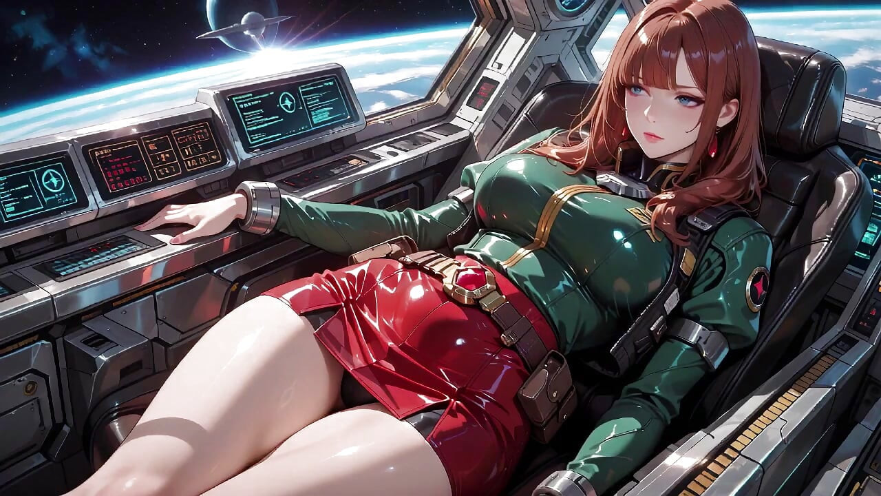 Inside the Sci-Fi Train, she wears a tight green armor, touching her red lips while gazing at the galaxy through the porthole.