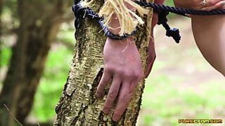 Un chico atado al árbol es absorbido por tres chicas