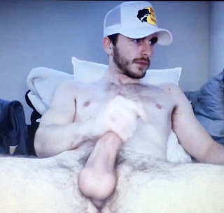 Sexy hairy bearded young guy edging his big thick cock