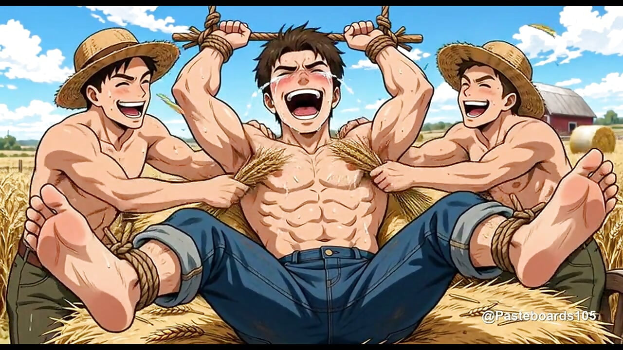 Roped Down On The Hay Wagon - Farmhand Tickled With Wheat Stalks On His Ribs And Bare Soles (2D Anim