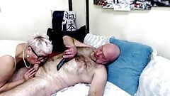 A cool mature whore devotedly sucks a dick to a bald partner and lets him cum on her fucking face ...))