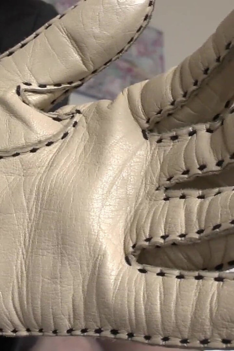 Beige Leather Gloves with a Strong Leather Scent on Your Face, Lady Victoria Valente