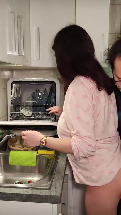 PREGNANT does titjob in the kitchen after WASHING the dishes | Clip 1