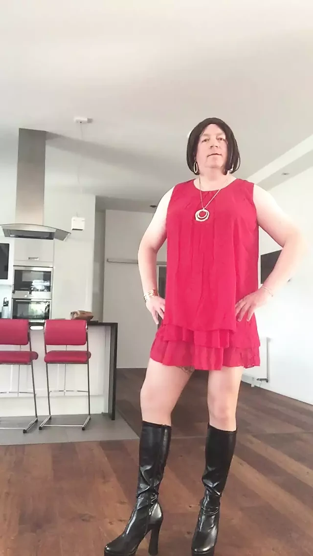 Nicki-Crossdress - Crossdresser - Red Chiffon Dress - Stockings - Boots