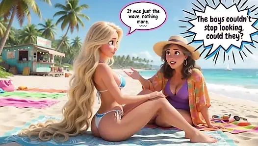 Ein verheirateter blonder Necker am Strand verwandelt sich in einen wilden Streich mit ihrem Mann und anderen (erzeugt von Ai)