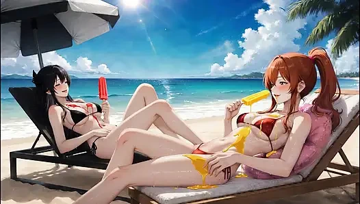 AI gothic-schönheit trifft auf rothaarige schönheit – strand-crossover (Eis essen)