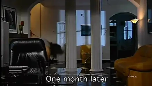 Brunette in red sexy lingerie gives a deep blowjob and receives a shower of cum in face