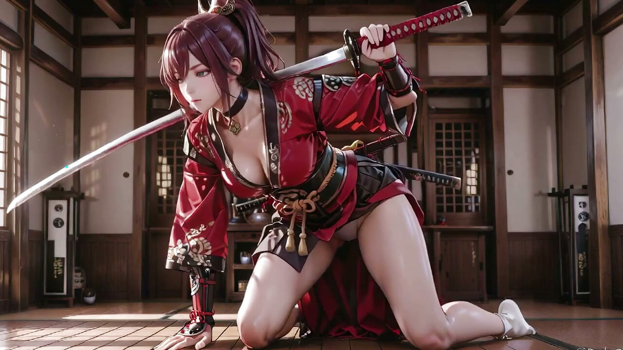 紅の侍！赤髪の女戦士が陽光の中で跪き、静かな優雅さから爆発的な刀撃へ移行する