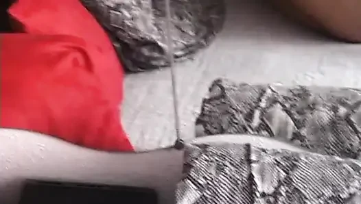 Redhead playing with her fingers and his cock