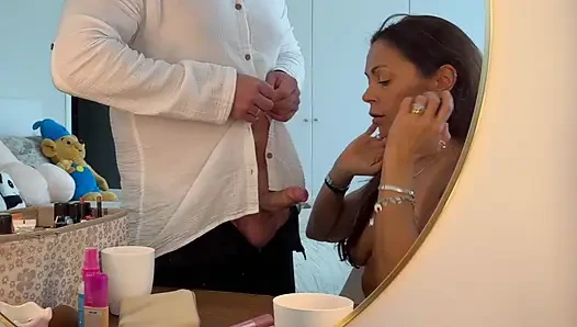 Hot milf blows dick until it explodes on her face and tits