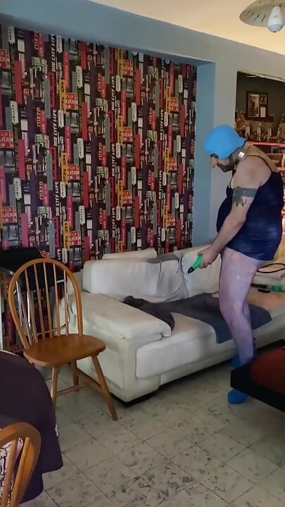 Dirty sissy whore in blue outfit playing hard ass to mouth sex