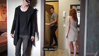 Young wife having sex with a pizza delivery guy while her husband watches