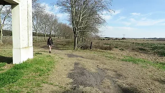 Walking on an ass through the countryside. Mature shy amateur blonde strips naked.