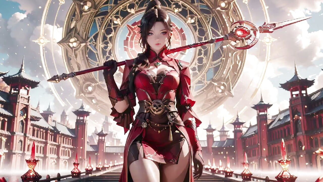 Red Armor Queen in the Floating City! Epic fantasy tease, tight red bodysuit.