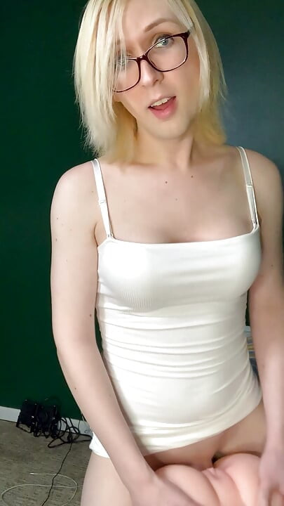 Big Dick Blonde in White Dress and Glasses Fucks Doll