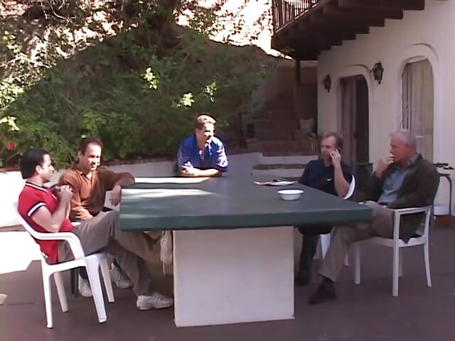 Horny black haired beauty sucks and fucks four men by the pool