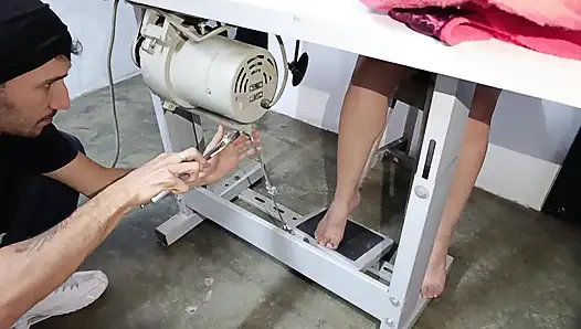 Pumping Sewing Machine Pedal Into Underwear While A Man Repairs It