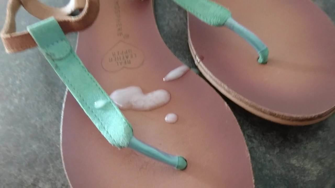 Cum on green brown summer sandals