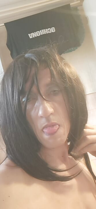 My first makeup and long hair. Sexy lingerie I ride a big dildo. Who likes me in makeup and hair like that?